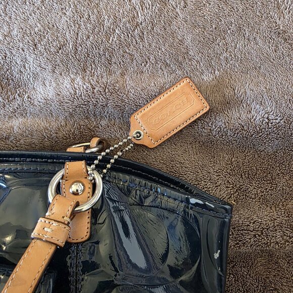 Coach Leah Embossed Patent Leather Tote Bag Navy Blue Tan Trim Turnlock Shoulder - Picture 14 of 16